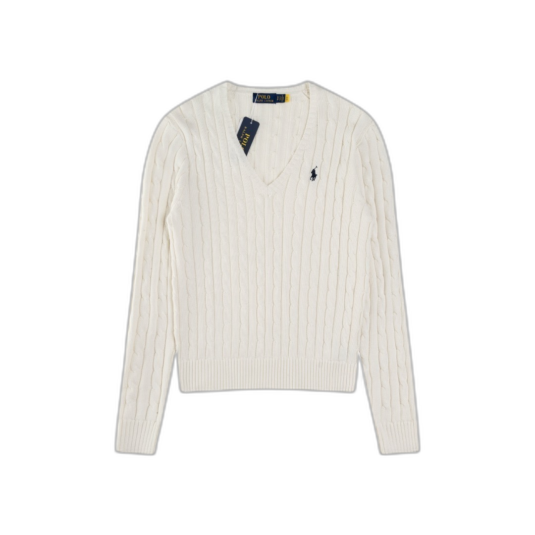 Ralph Lauren White Cable Knit Cotton V Neck Sweater